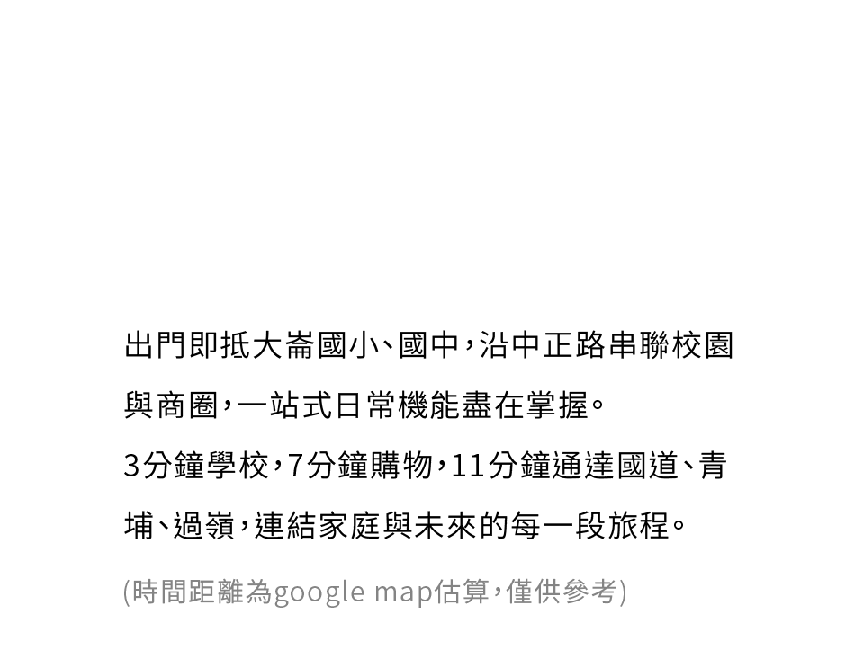 出門即抵大崙國小、國中，沿中正路串聯校園與商圈，一站式日常機能盡在掌握。3分鐘學校，7分鐘購物，11分鐘通達國道、青埔、過嶺，連結家庭與未來的每一段旅程。